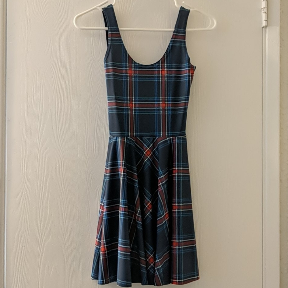 Black milk tartan navy scoop skater dress xs new